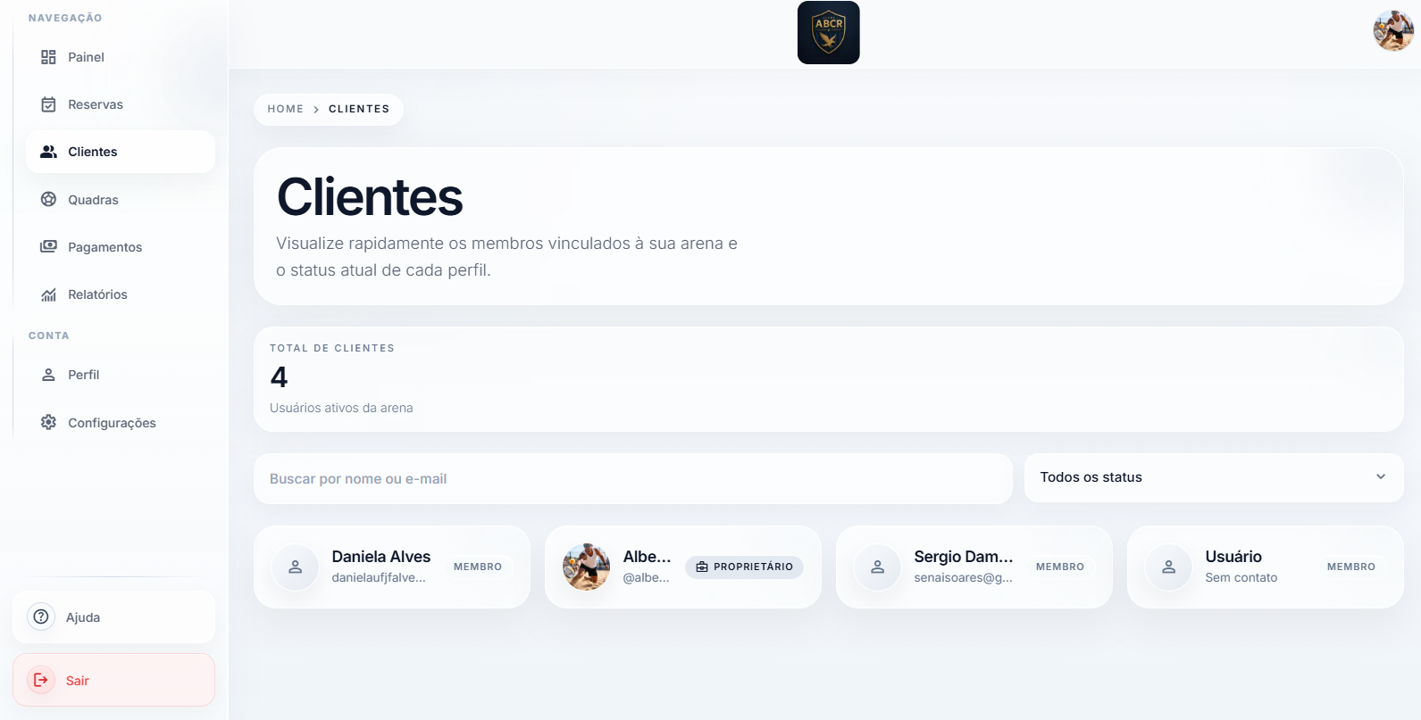 Tela de clientes do CRM