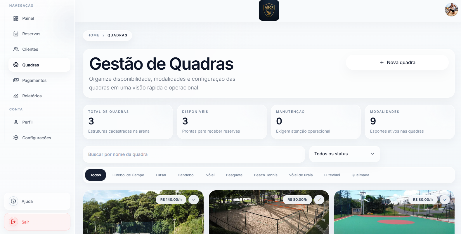 Tela de quadras do CRM