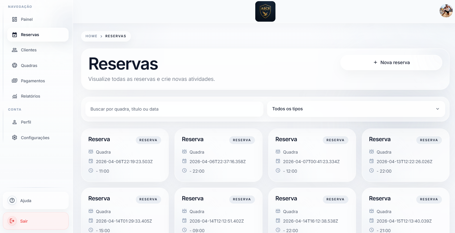 Tela de reservas do CRM